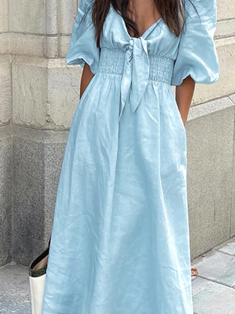 COMMENSE Blue Linen Cotton Puff Sleeve Tie Front Midi Dress Size M